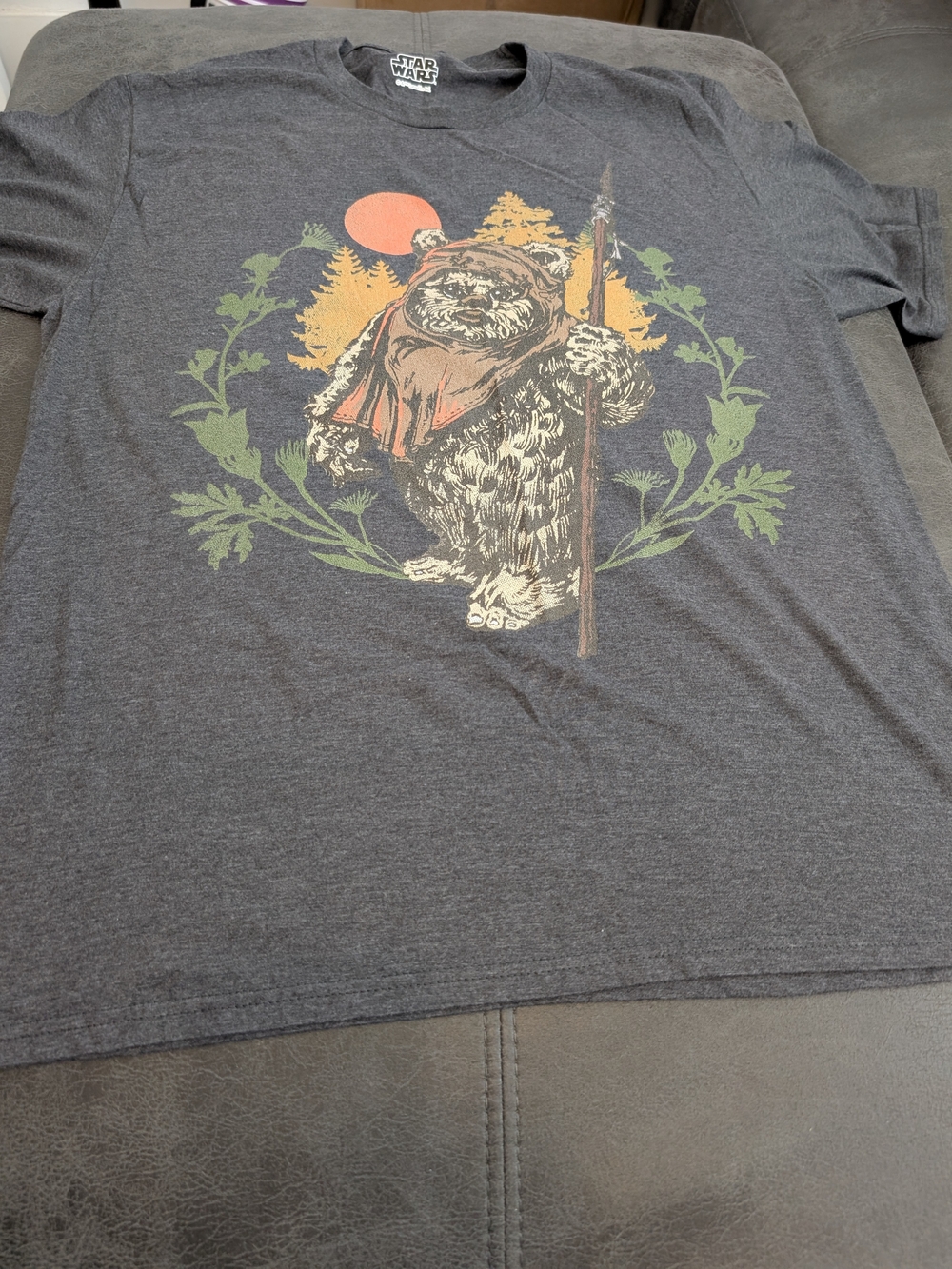 Star Wars Men’s Charcoal Ewok Graphic Tee with Orange & Green Accents